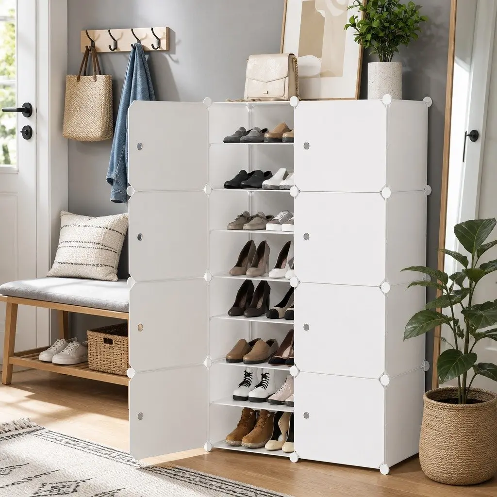 8-Cube Stackable White Shoe Storage Organizer with Ventilation