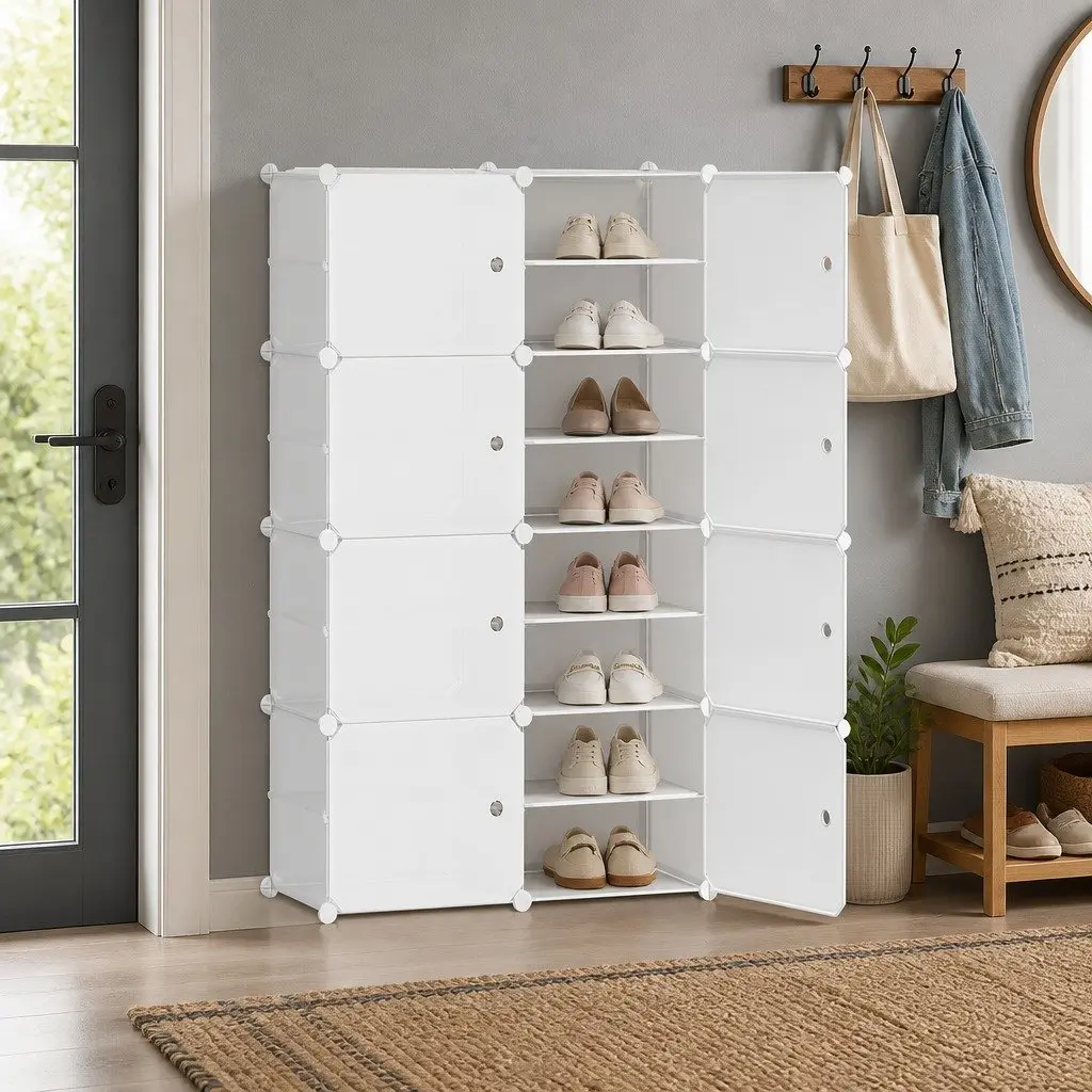 8-Cube Stackable White Shoe Storage Organizer with Ventilation