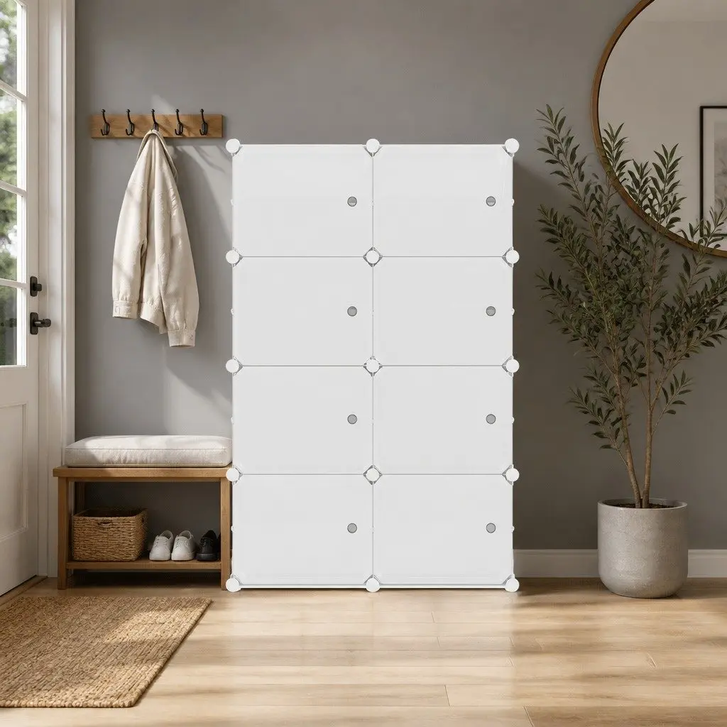 8-Cube Stackable White Shoe Storage Organizer with Ventilation