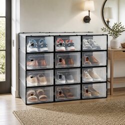 Shoe Storage Box Set of 12 Stackable Transparent Black Organiser DIY Assembly