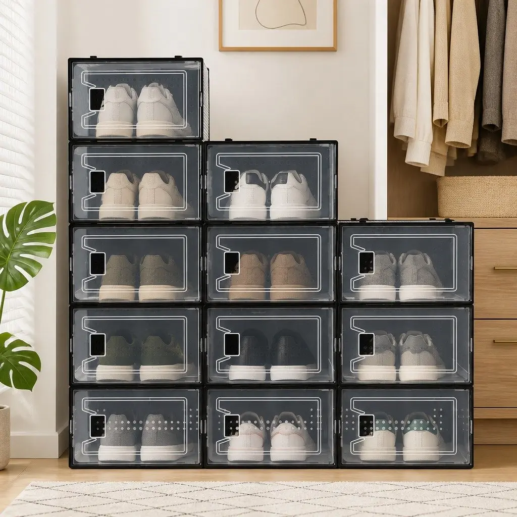 Shoe Storage Box PP Plastic 23.5 x 32.5 x 14 cm Transparent Black Set of 12 Stackable Organiser
