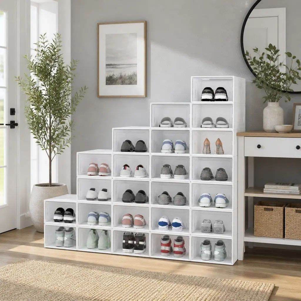 Shoe Storage Boxes Set of 24 Stackable Foldable Organiser White Clear