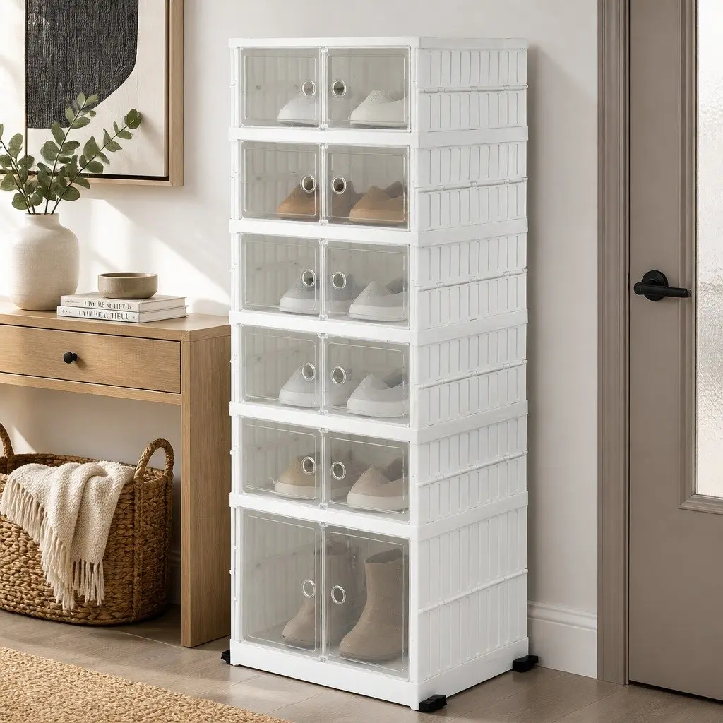 Shoe Storage Box PP Plastic 6 Tier White Organiser Rack