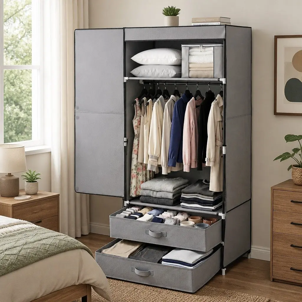 Grey Portable Wardrobe with Drawers for Clothes Storage