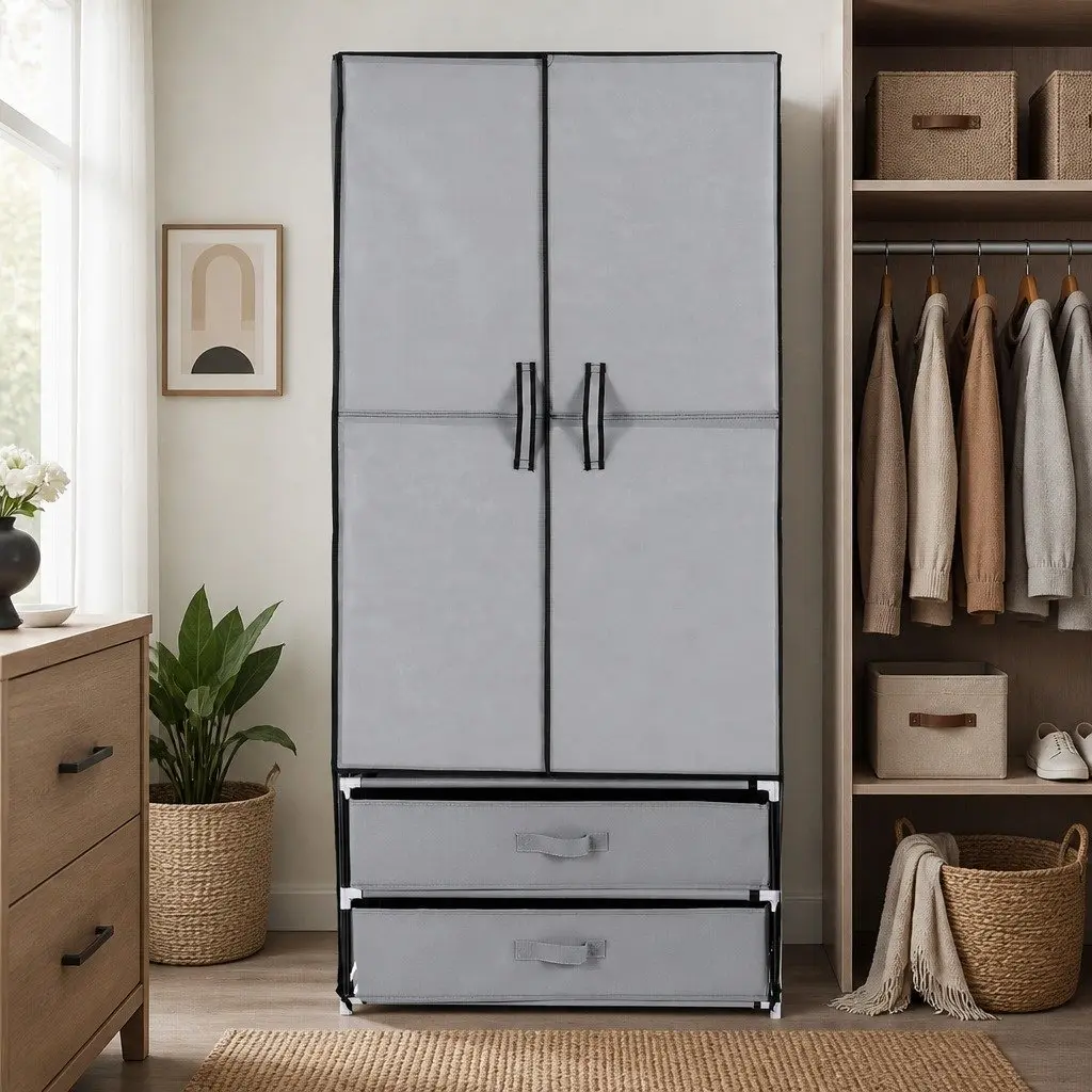 Portable Wardrobe Metal Grey 75x42x160cm with Drawers