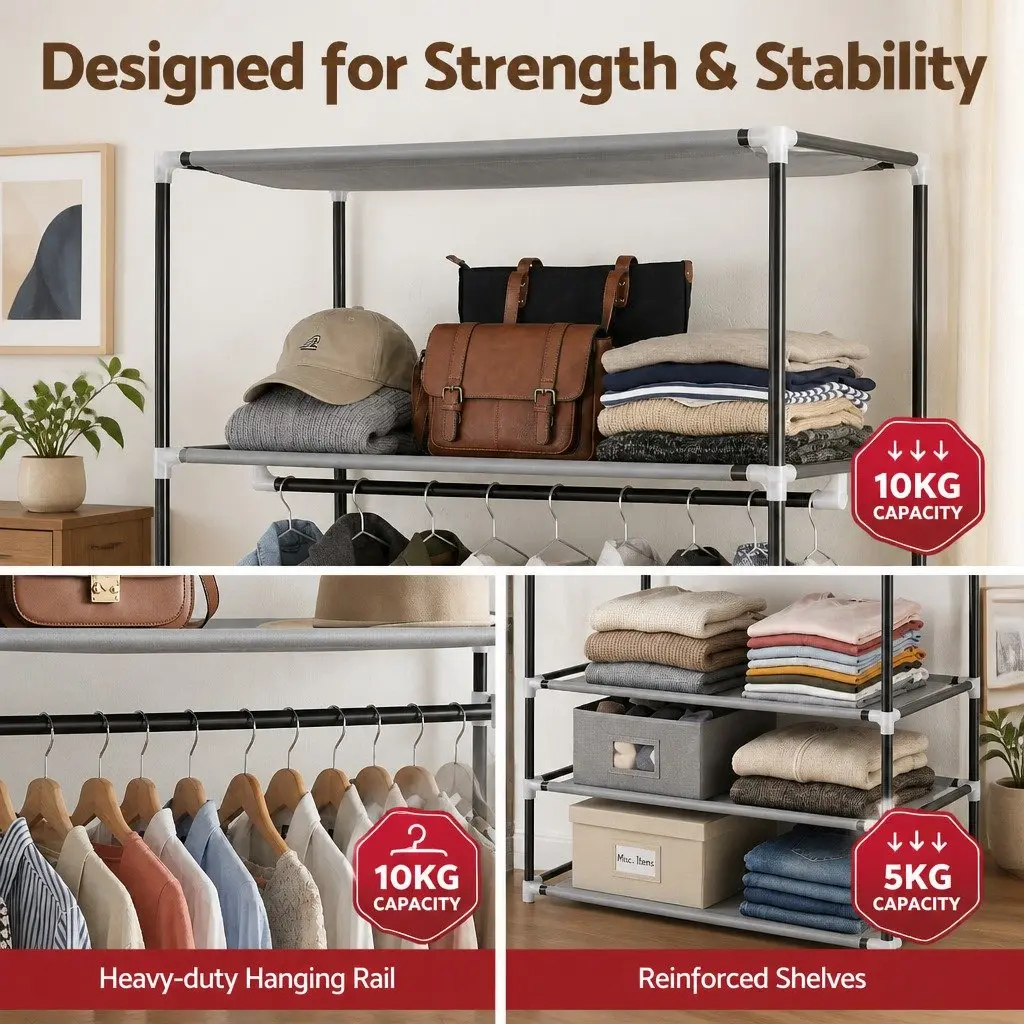 Portable Wardrobe Metal Grey 75x42x160cm with Drawers