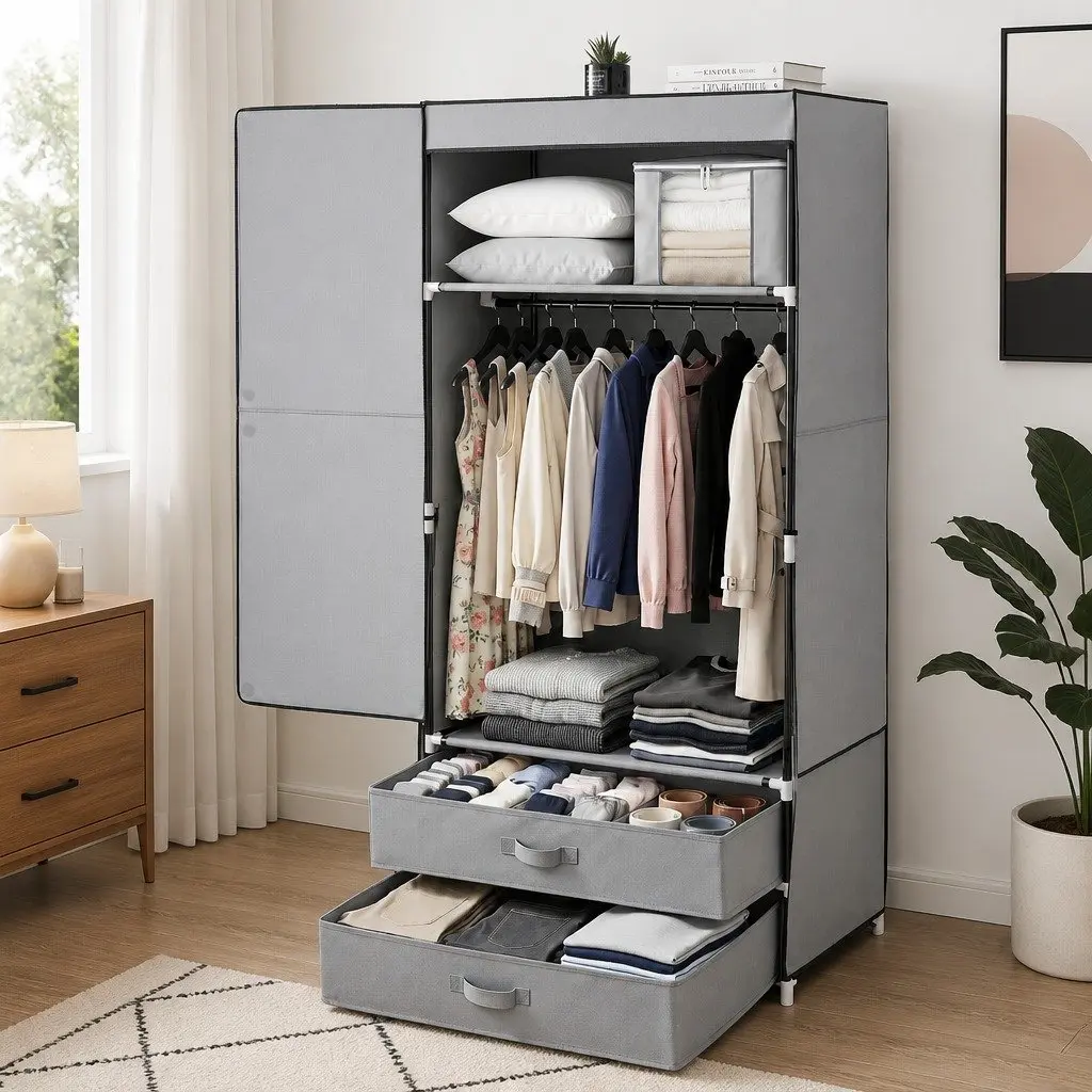 Portable Wardrobe Metal Grey 75x42x160cm with Drawers