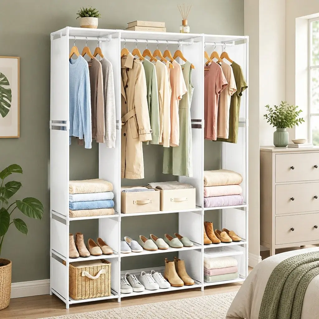 Large Portable Wardrobe with Open Shelf Storage