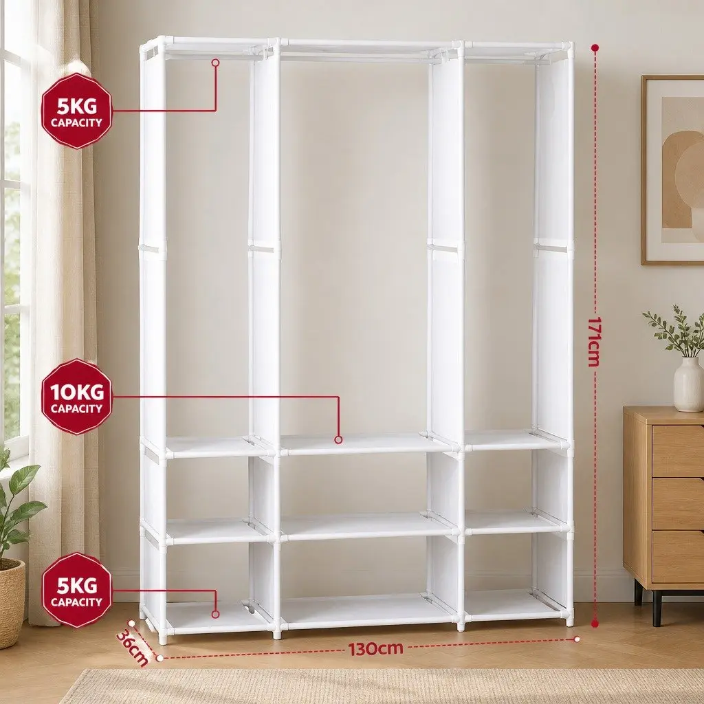 Portable Clothes Wardrobe Metal Frame Non-Woven Fabric 130x36x171cm White