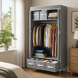 Durable Grey Portable Clothes Closet with Storage Drawers