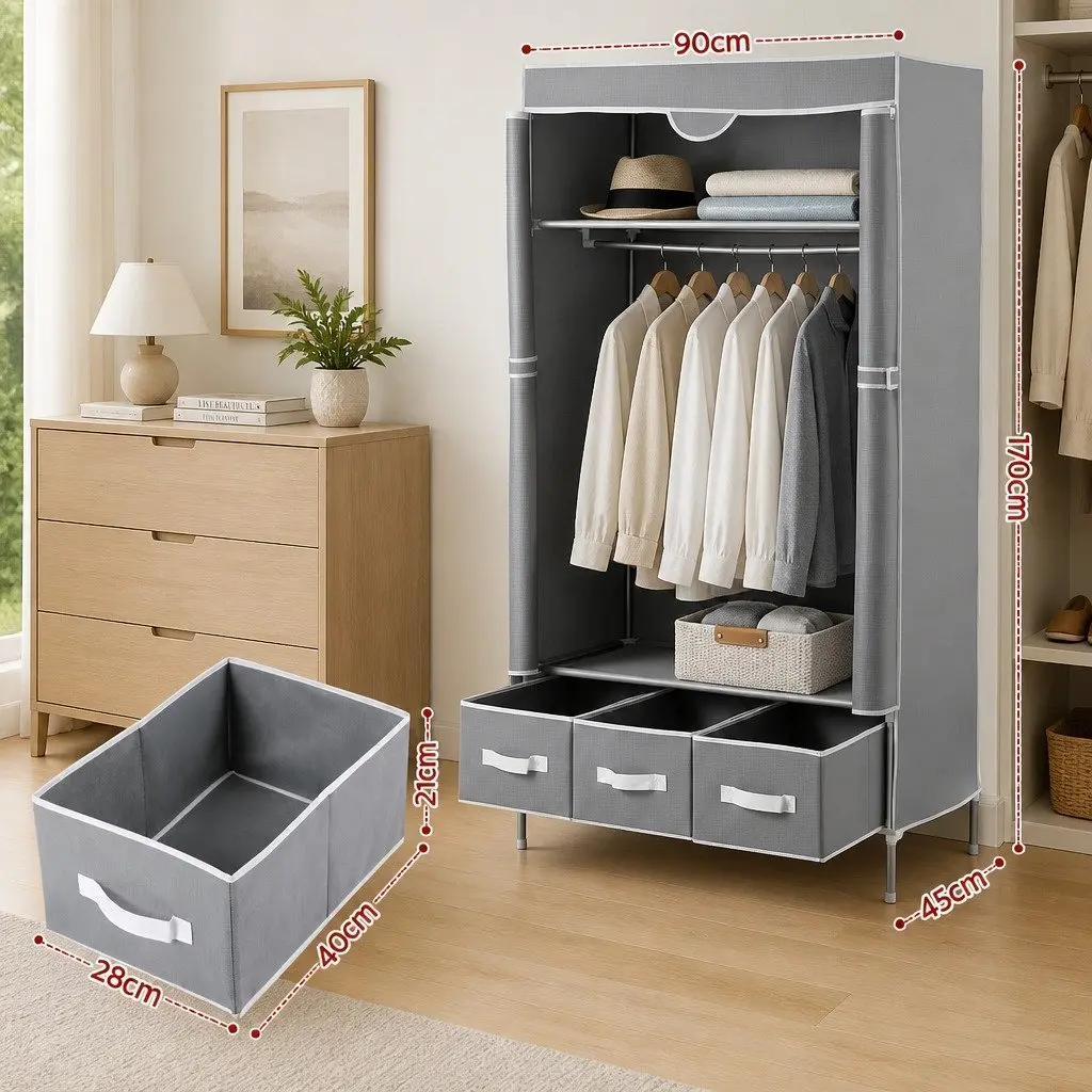 Large Portable Clothes Closet Wardrobe Storage Organiser Grey Non-Woven Fabric 90x45x170cm