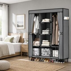 Durable Grey Portable Wardrobe with Shelving System