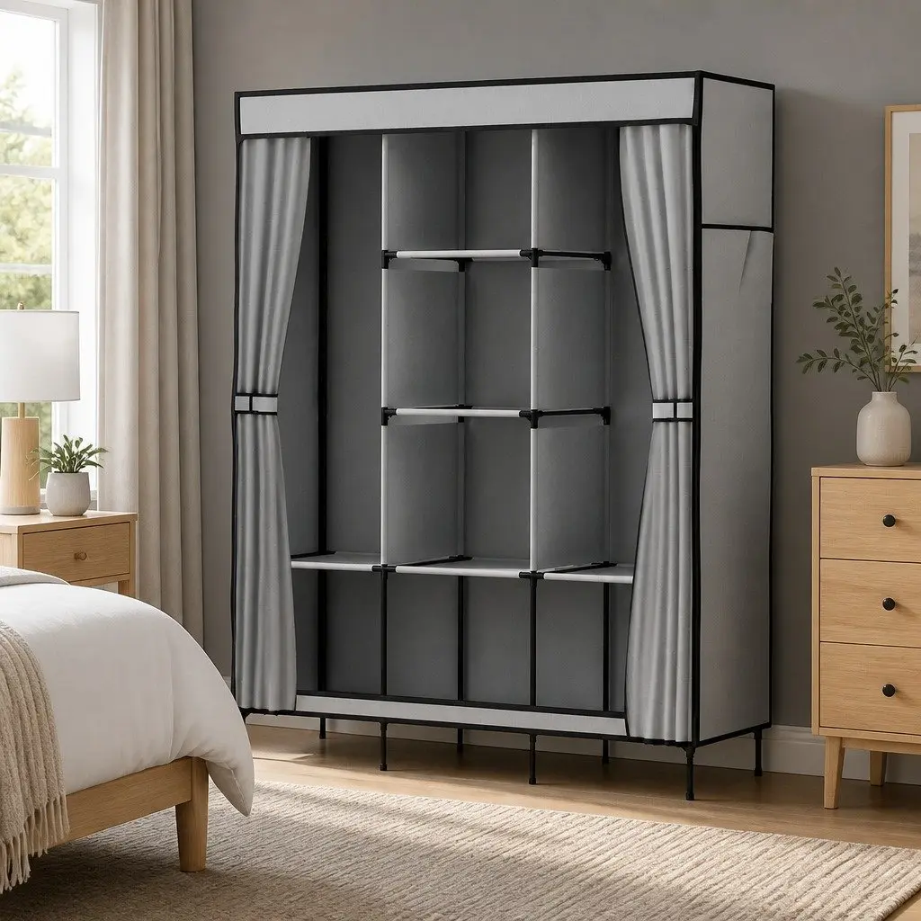 Grey Portable Wardrobe with Shelving System