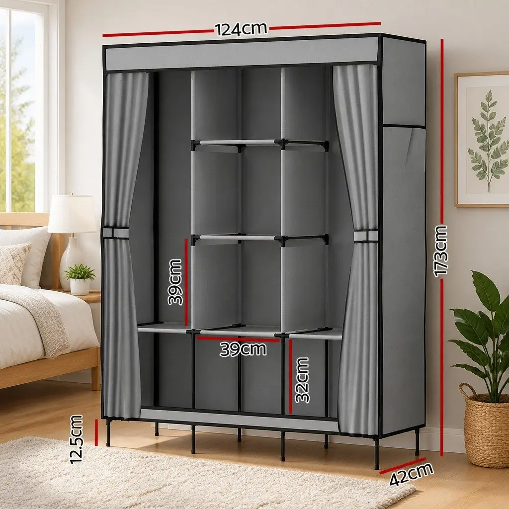 Grey Portable Wardrobe with Shelving System
