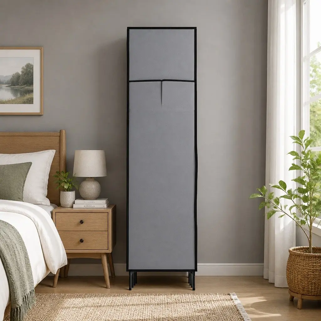 Grey Portable Wardrobe with Shelving System