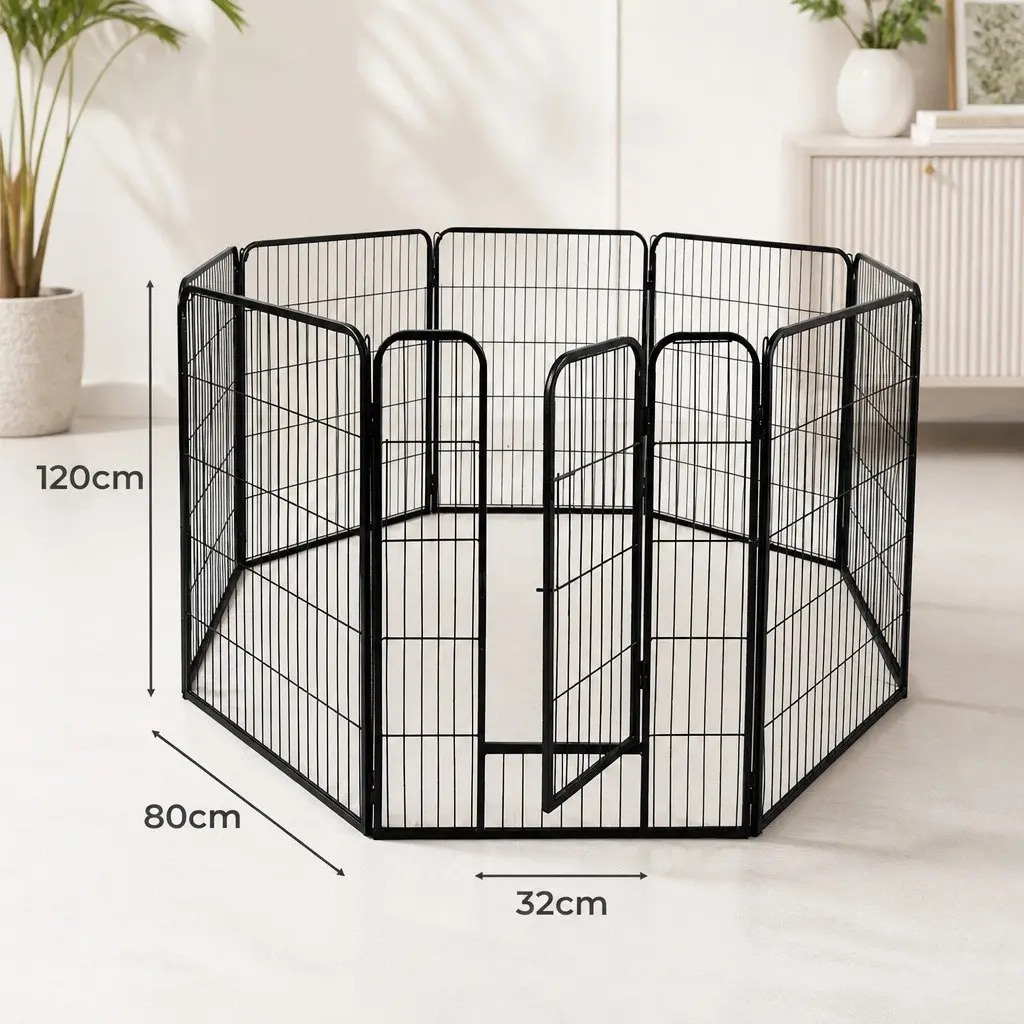 8 Panel Pet Playpen Steel 80cm Wide 60cm 80cm 100cm 120cm High Black or White