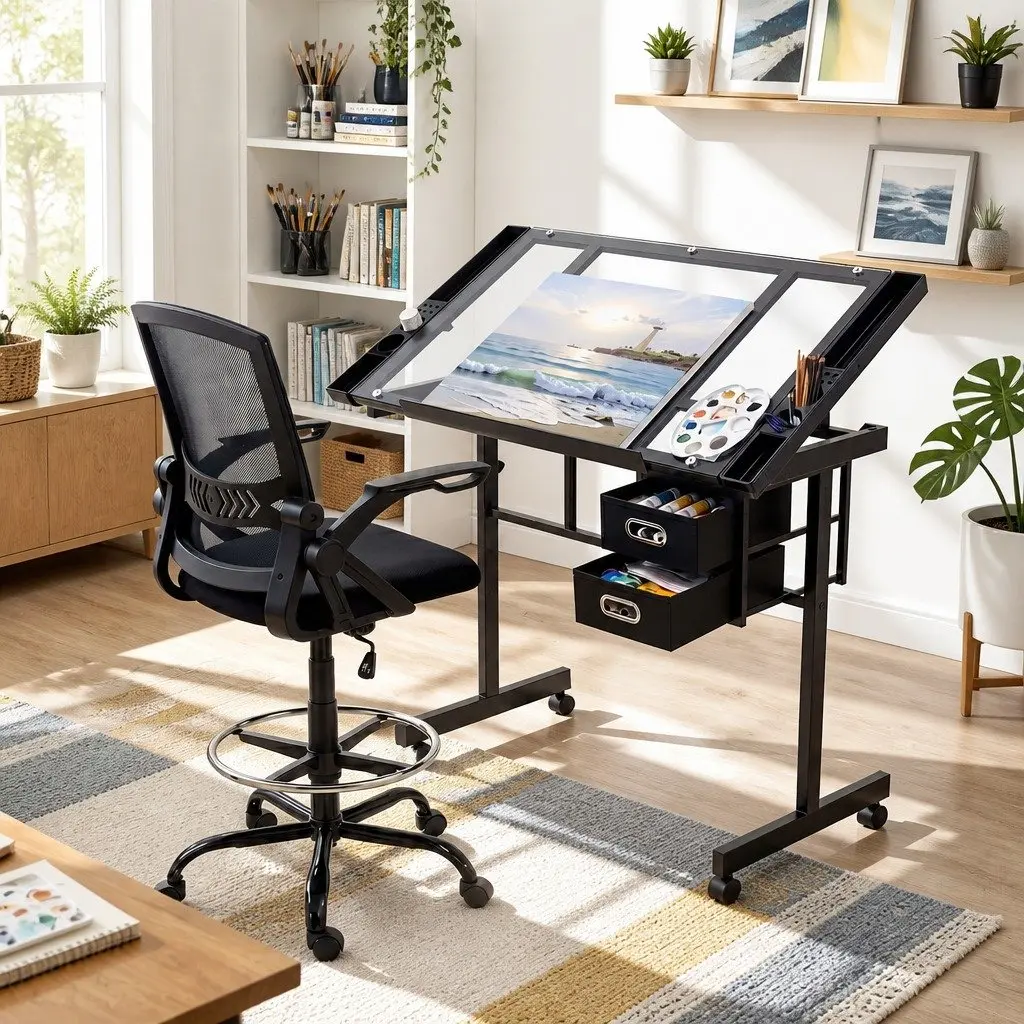Drawing Table Tempered Glass Desktop Ergonomic Office Chair Adjustable Silver Black