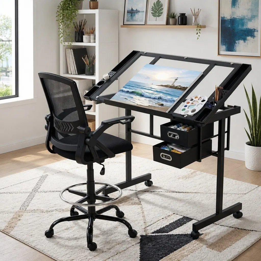 Drawing Table Tempered Glass Desktop Ergonomic Office Chair Adjustable Silver Black