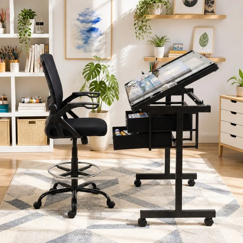 Drawing Table Tempered Glass Desktop Ergonomic Office Chair Adjustable Silver Black