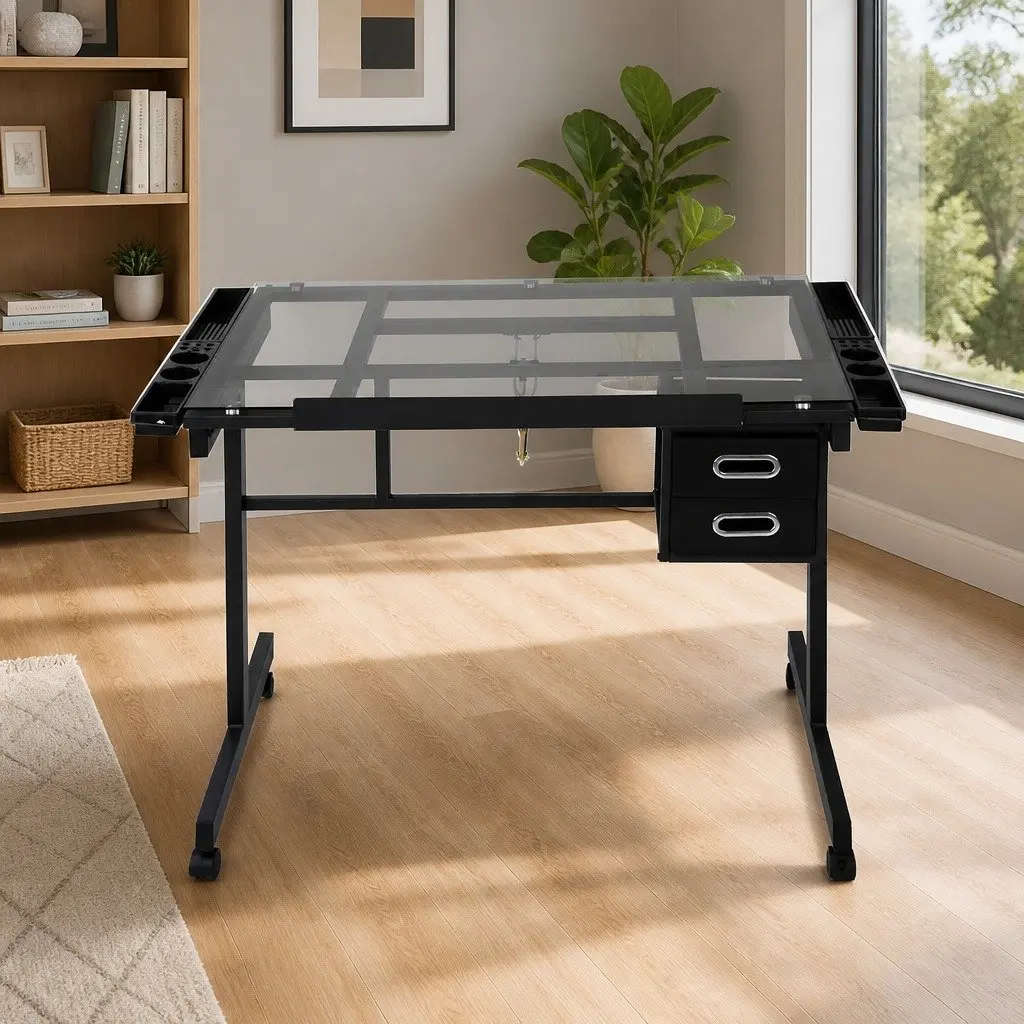 Drawing Desk Tempered Glass Adjustable Black Frame Grey Top