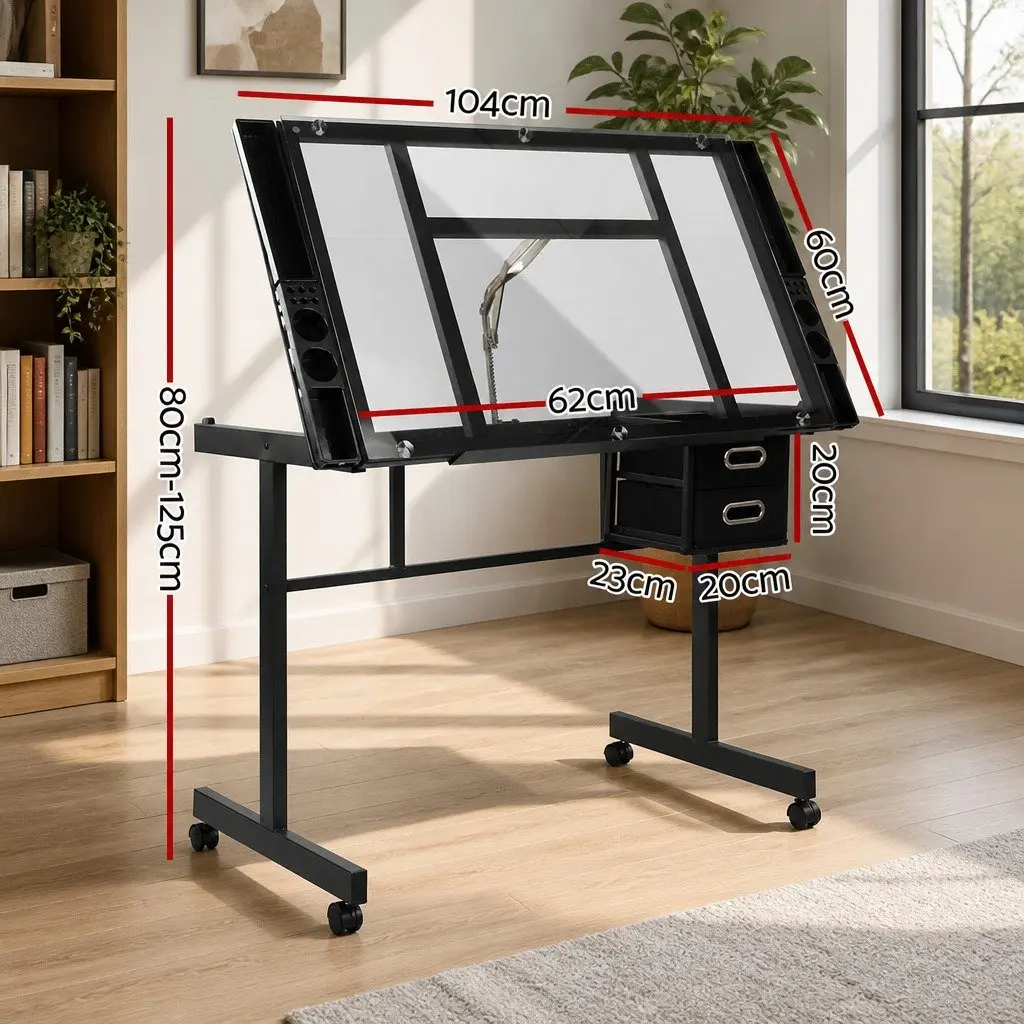 Drawing Desk Tempered Glass Adjustable Black Frame Grey Top