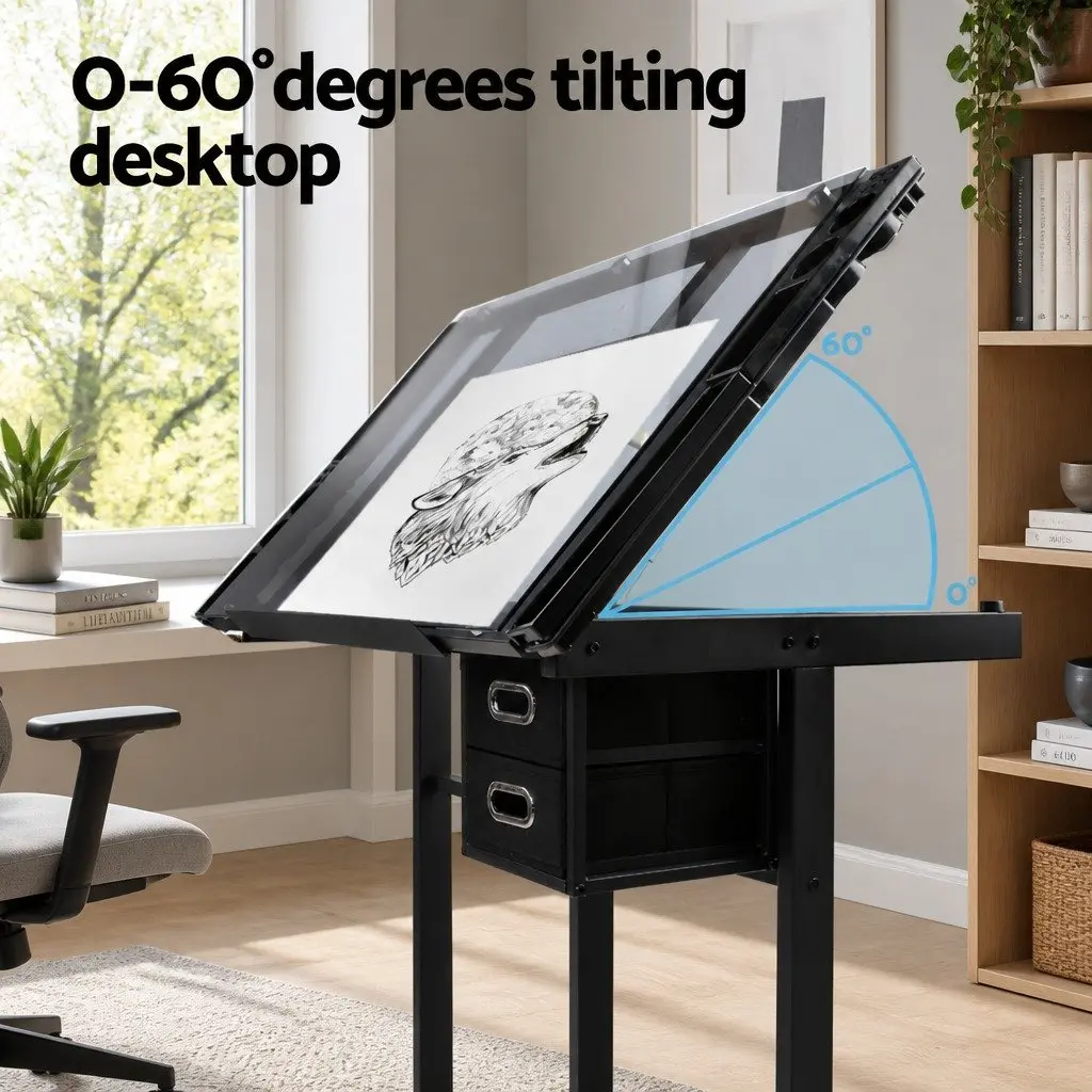 Drawing Desk Tempered Glass Adjustable Black Frame Grey Top