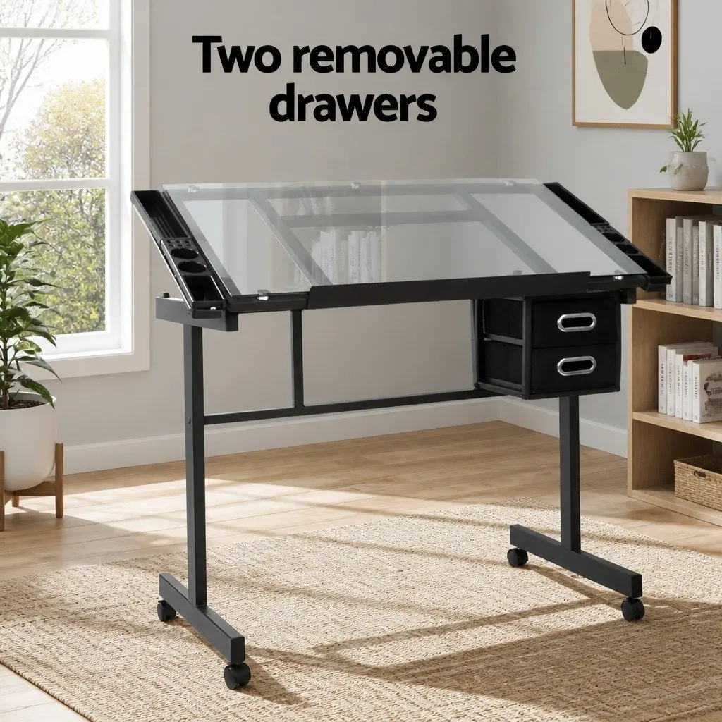 Drawing Desk Tempered Glass Adjustable Black Frame Grey Top