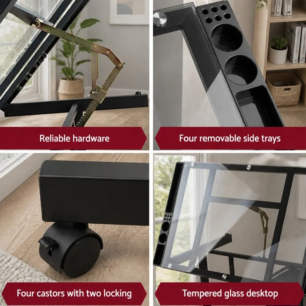 Drawing Desk Tempered Glass Adjustable Black Frame Grey Top
