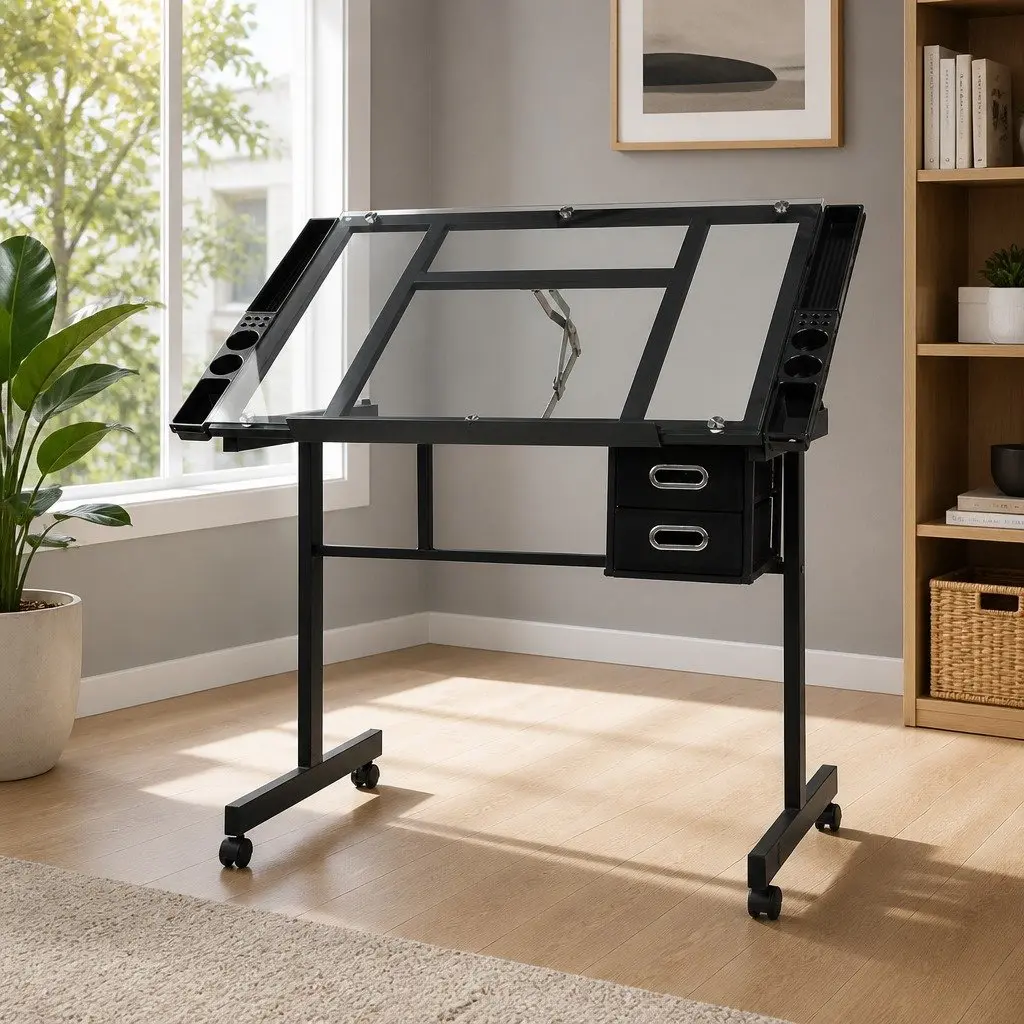 Drawing Desk Tempered Glass Adjustable Black Frame Grey Top