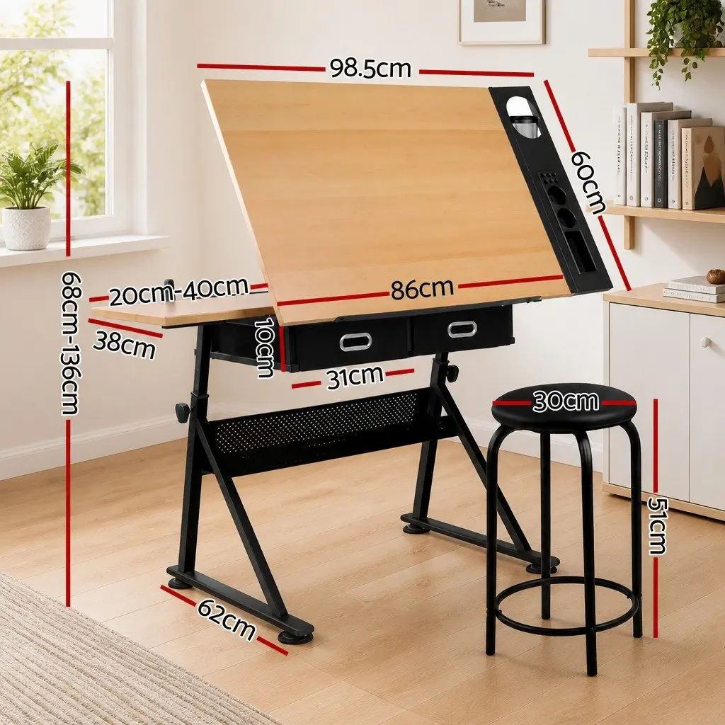 Drafting Table MDF Adjustable Tilt Top Natural Black Stool Set