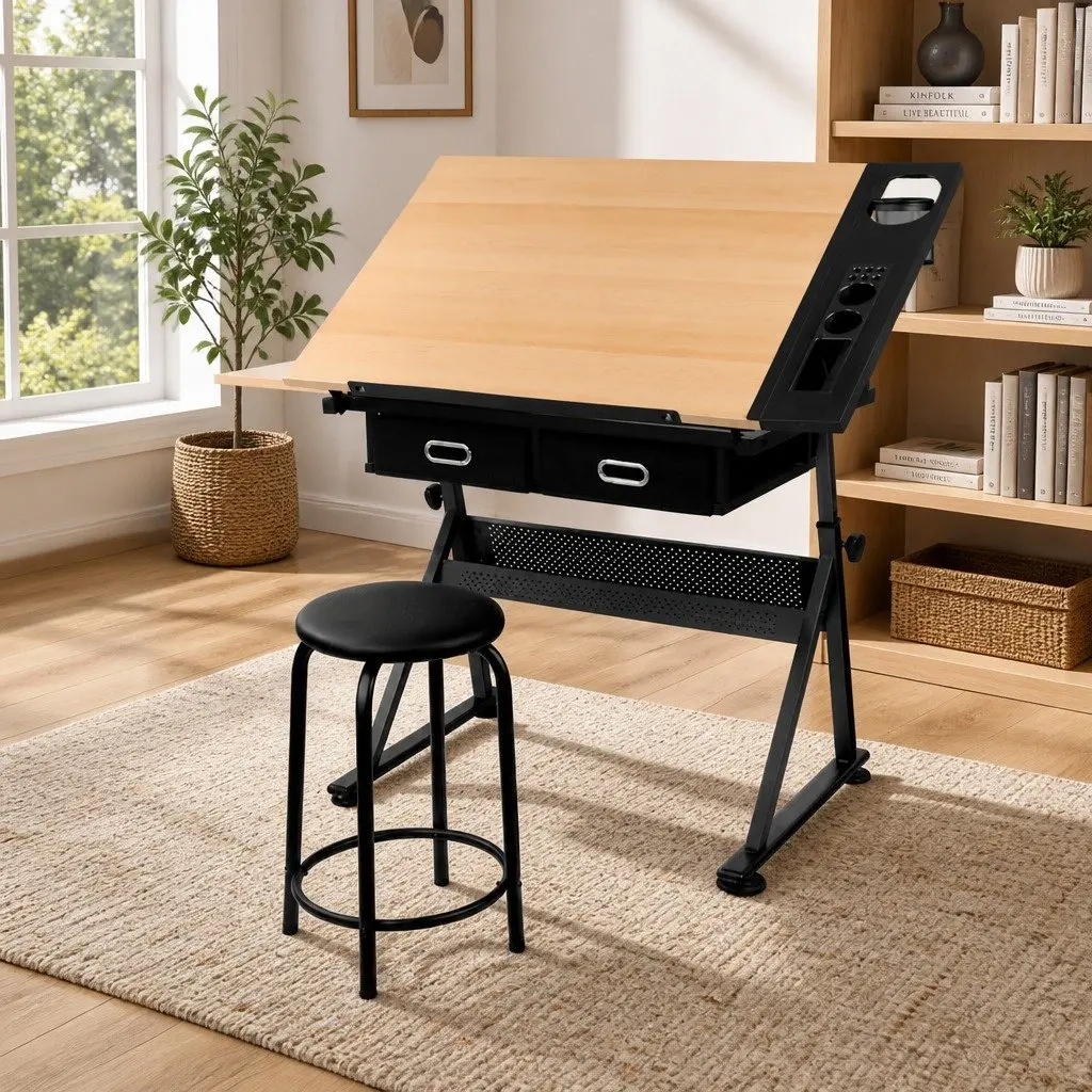 Drafting Table MDF Adjustable Tilt Top Natural Black Stool Set