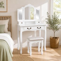 Elegant White Dressing Table Stool Set with Foldable Mirror