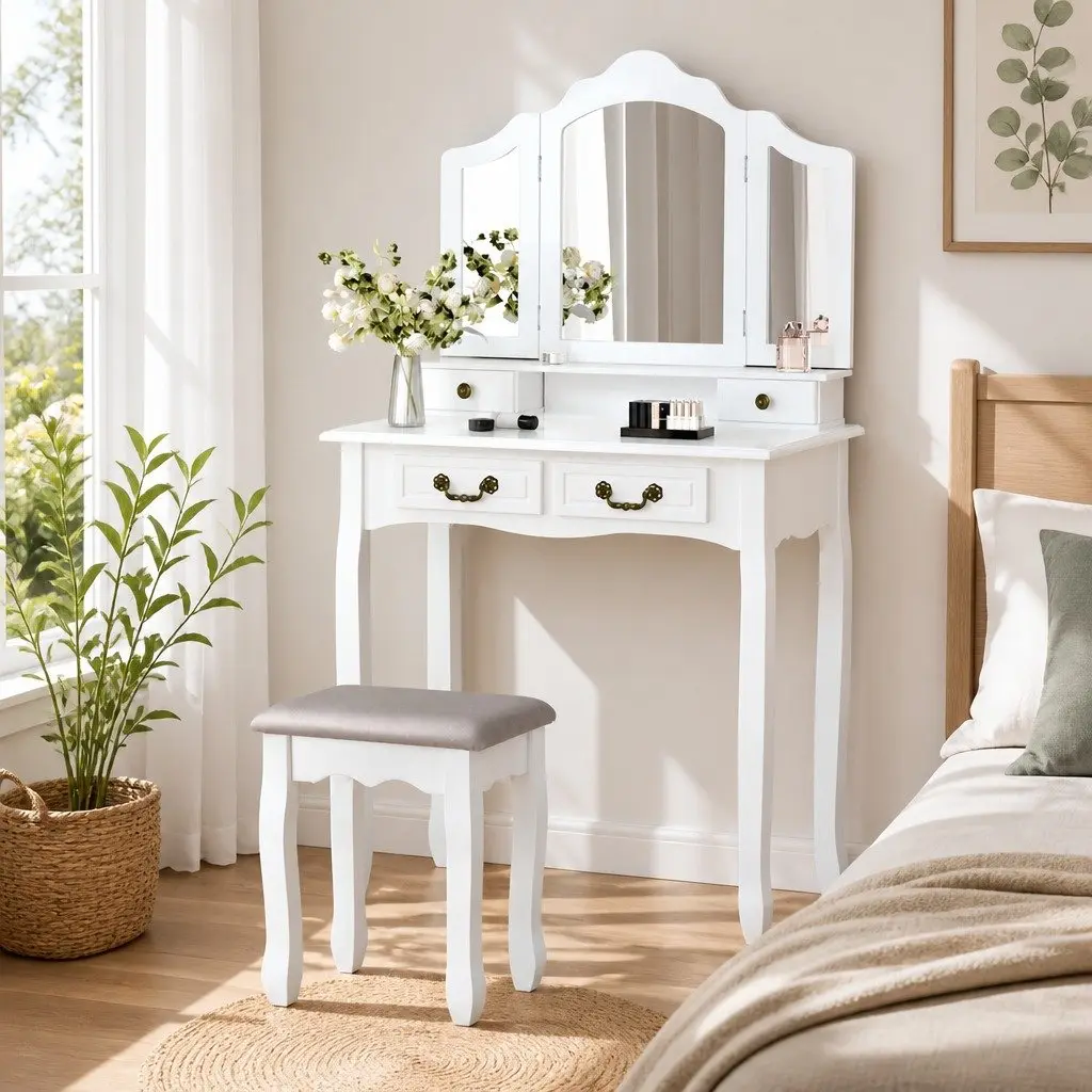 White Dressing Table Stool Set with Foldable Mirror