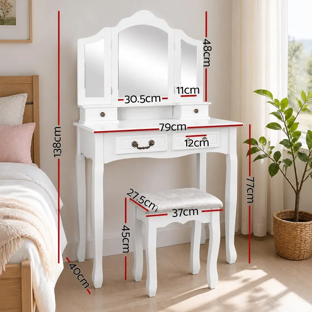 White Dressing Table Stool Set with Foldable Mirror