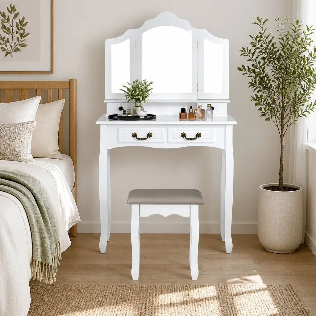 White Dressing Table Stool Set with Foldable Mirror