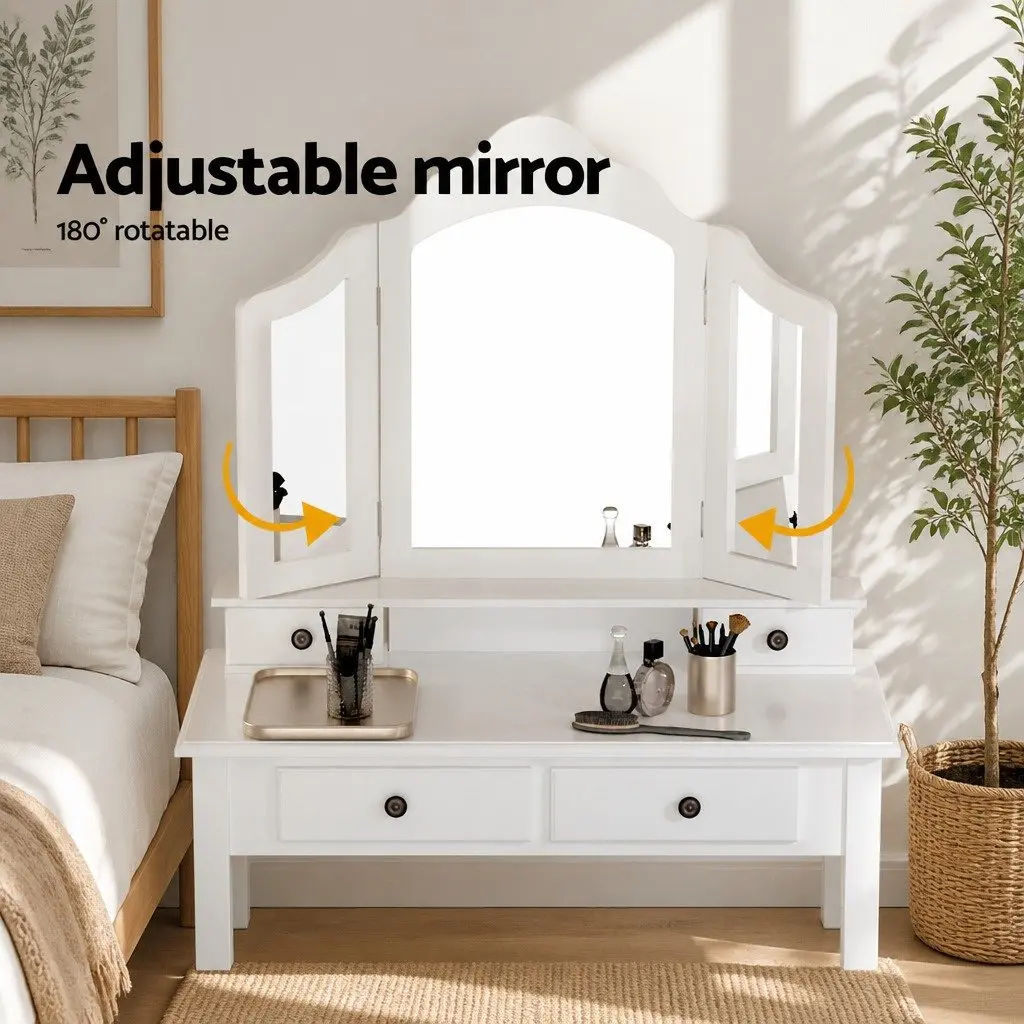 White Dressing Table Stool Set with Foldable Mirror