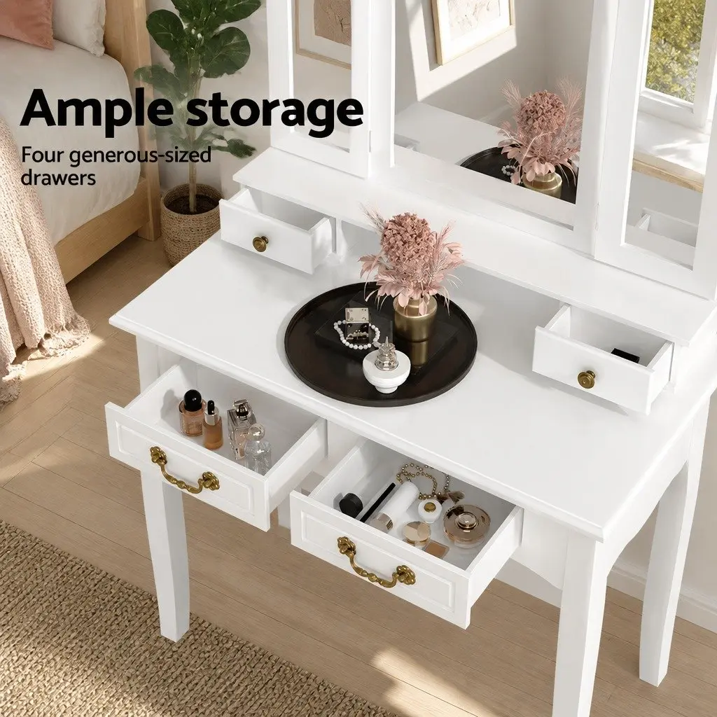 White Dressing Table Stool Set with Foldable Mirror