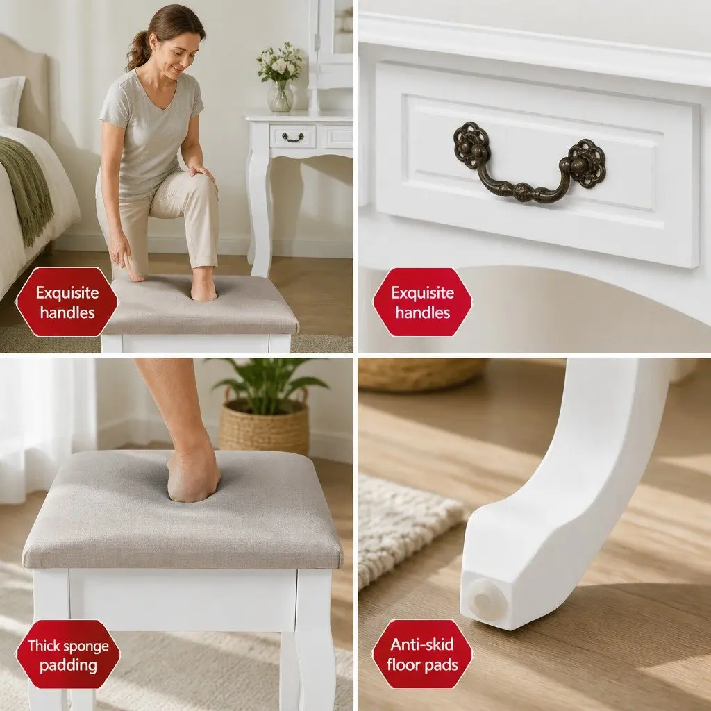 White Dressing Table Stool Set with Foldable Mirror