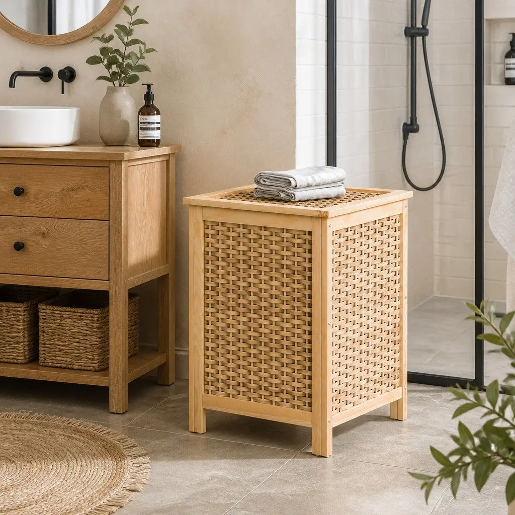 Laundry Hamper Wooden Pine Frame Natural 38cm x 38cm x 55cm