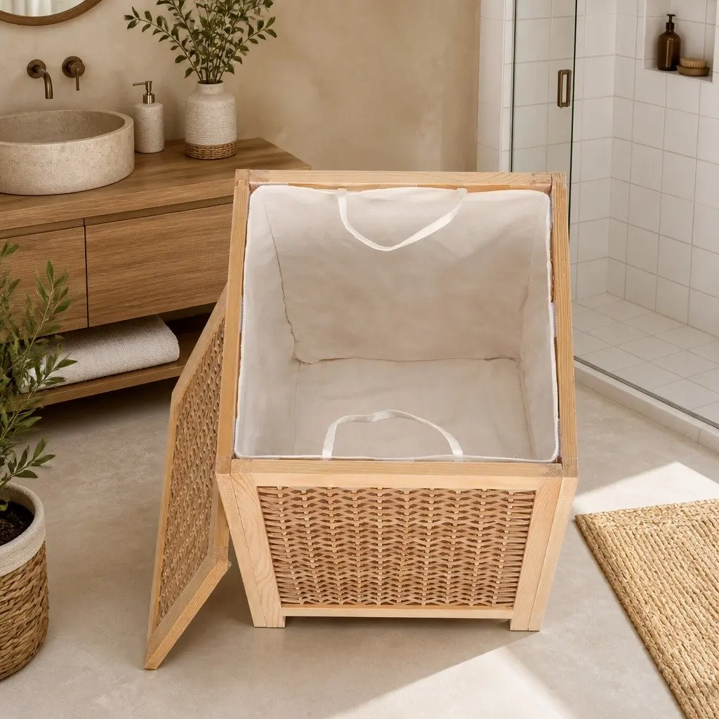 Laundry Hamper Wooden Pine Frame Natural 38cm x 38cm x 55cm