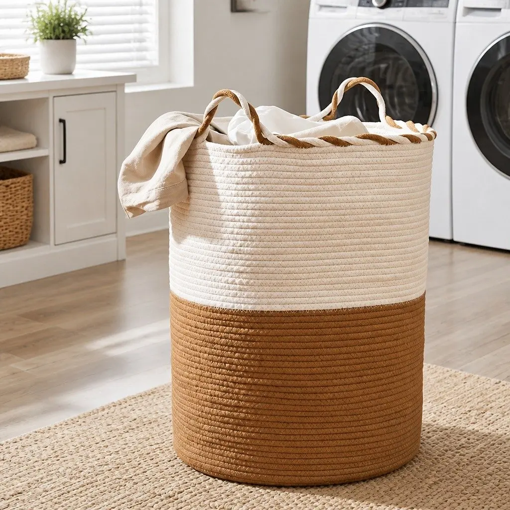 Laundry Basket Cotton Rope 47L White and Brown Foldable with Handles