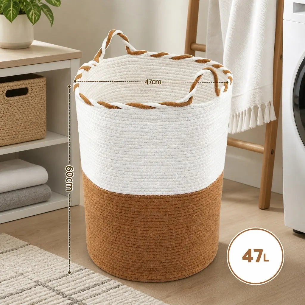 Laundry Basket Cotton Rope 47L White and Brown Foldable with Handles