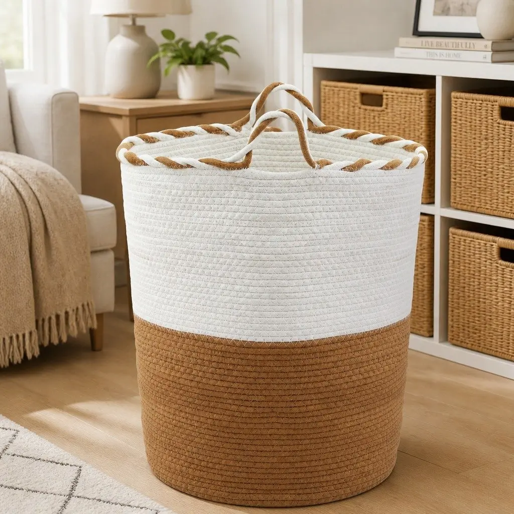 Laundry Basket Cotton Rope 47L White and Brown Foldable with Handles