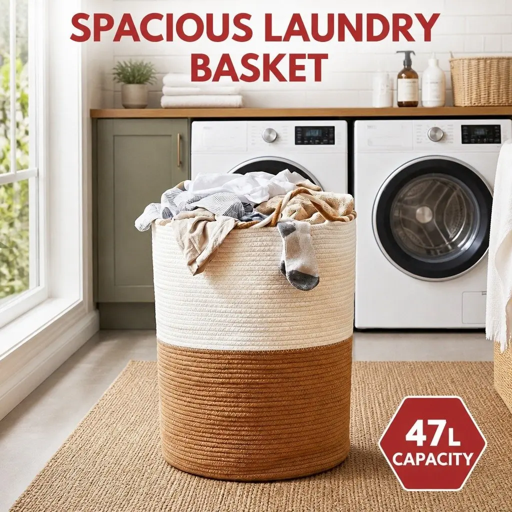 Laundry Basket Cotton Rope 47L White and Brown Foldable with Handles