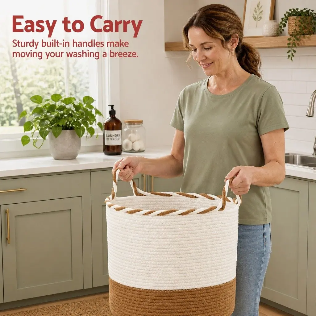 Laundry Basket Cotton Rope 47L White and Brown Foldable with Handles