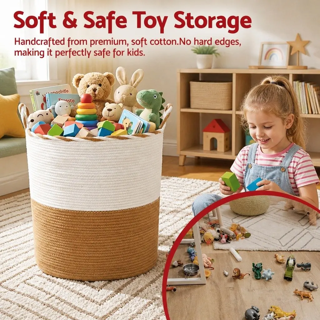 Laundry Basket Cotton Rope 47L White and Brown Foldable with Handles