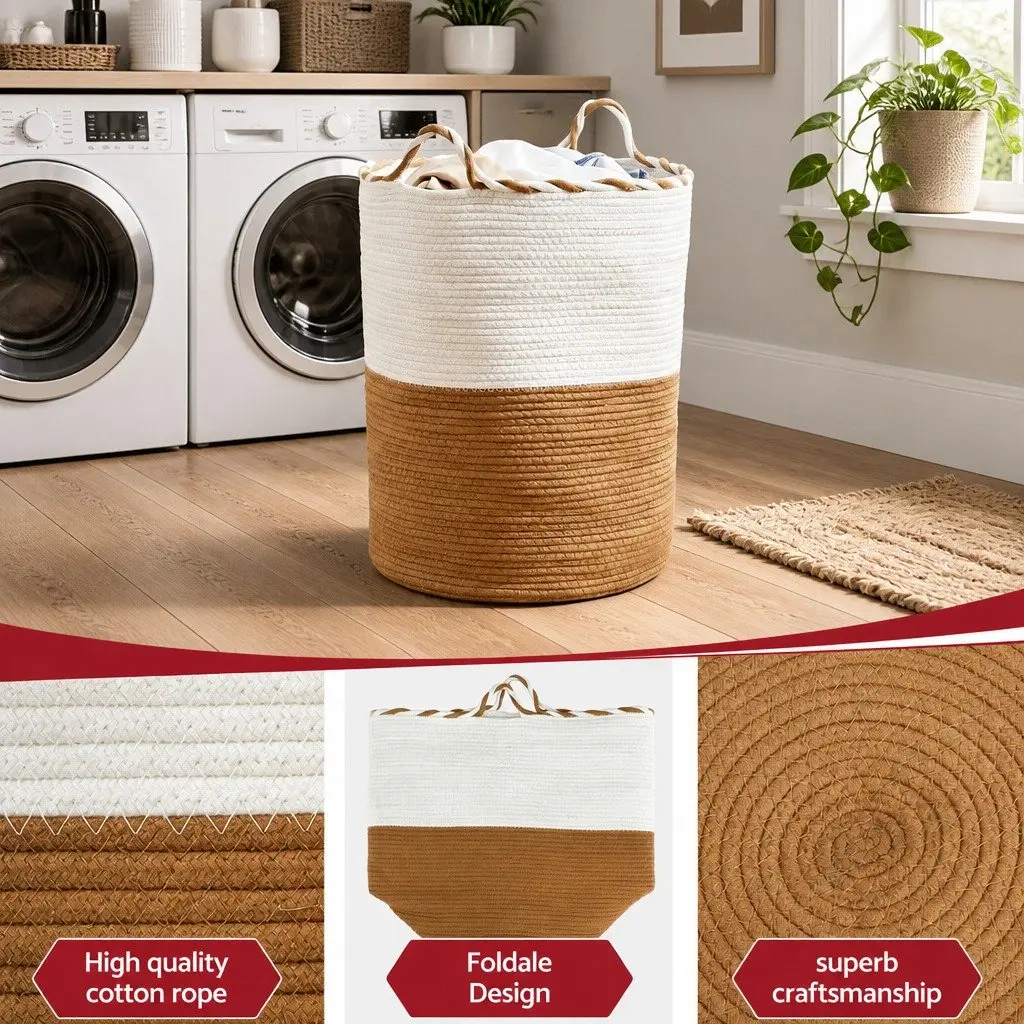Laundry Basket Cotton Rope 47L White and Brown Foldable with Handles