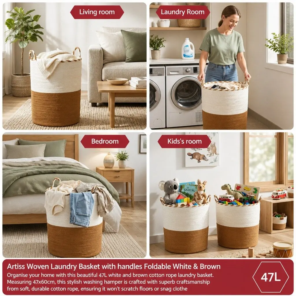 Laundry Basket Cotton Rope 47L White and Brown Foldable with Handles