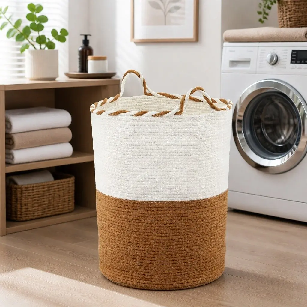 Laundry Basket Cotton Rope 47L White and Brown Foldable with Handles