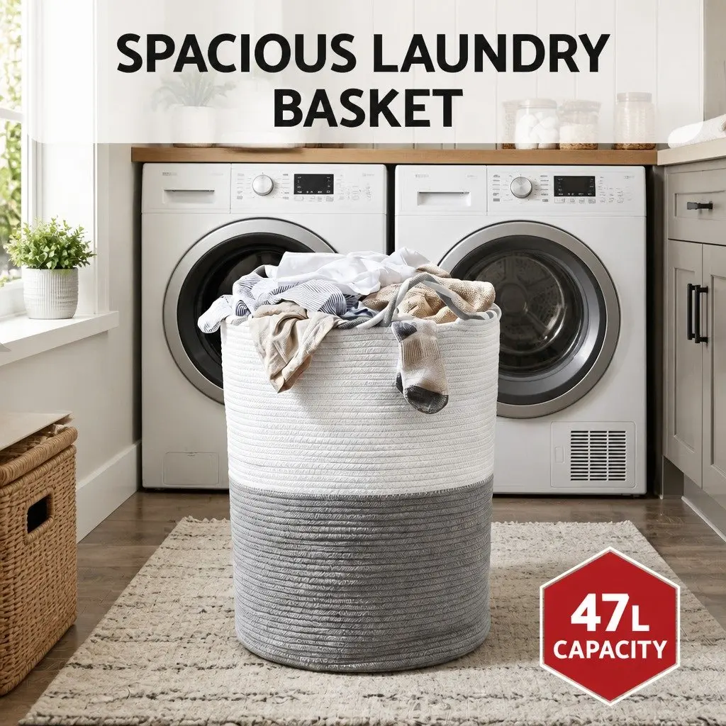 Laundry Basket Cotton Rope 47L 47x60cm White Grey Foldable with Handles